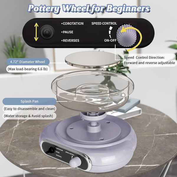 A purple pottery wheel for beginners is shown with controls and a glass bowl on a table.