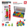 A set of 26 mini magnetic building tiles in various colors and shapes displayed next to their packaging box.