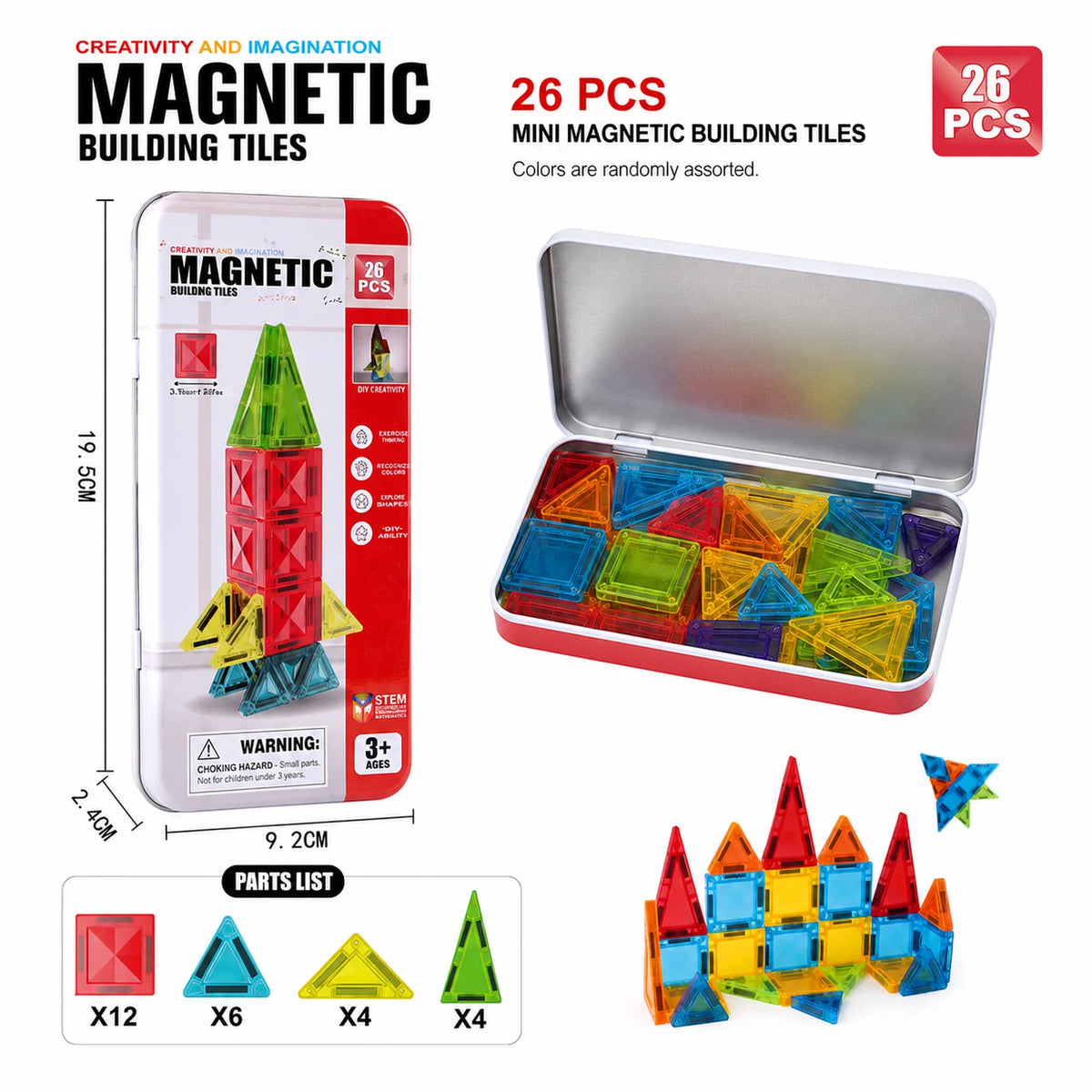 A set of 26 mini magnetic building tiles in various colors and shapes displayed next to their packaging box.
