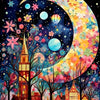 A vibrant paint by numbers canvas featuring a full moon surrounded by colorful flowers and a cityscape silhouette.