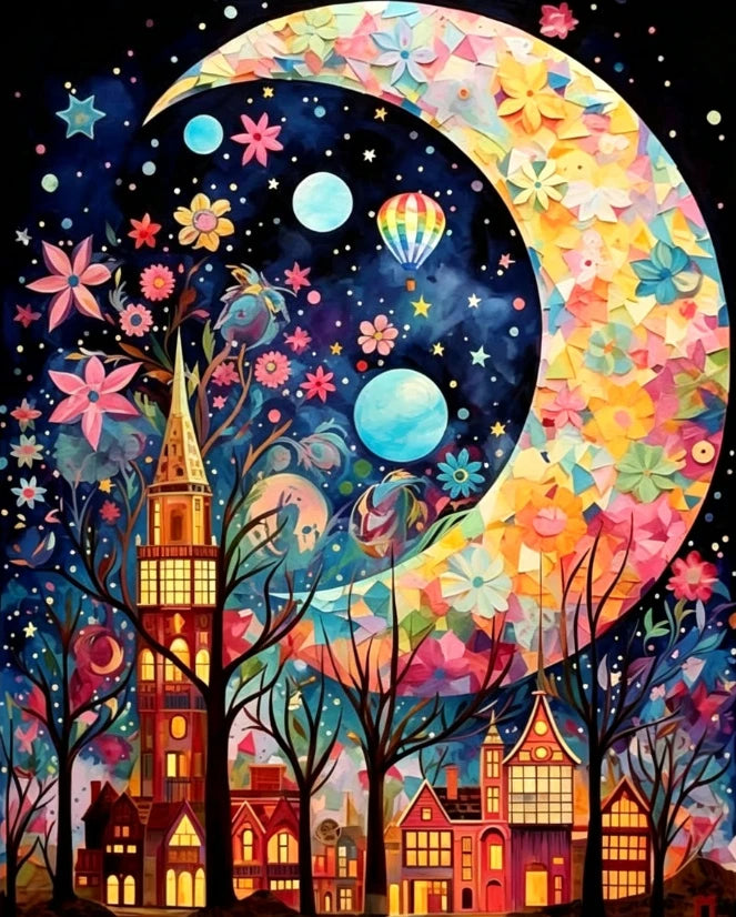 A vibrant paint by numbers canvas featuring a full moon surrounded by colorful flowers and a cityscape silhouette.