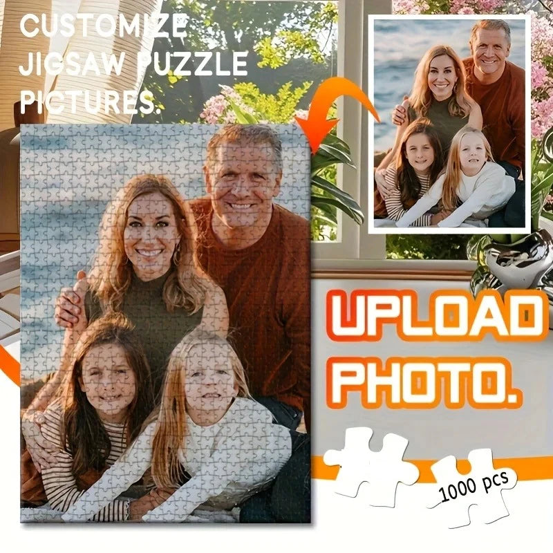 A family portrait photo is shown next to a jigsaw puzzle, with text prompting users to upload a photo for customization.