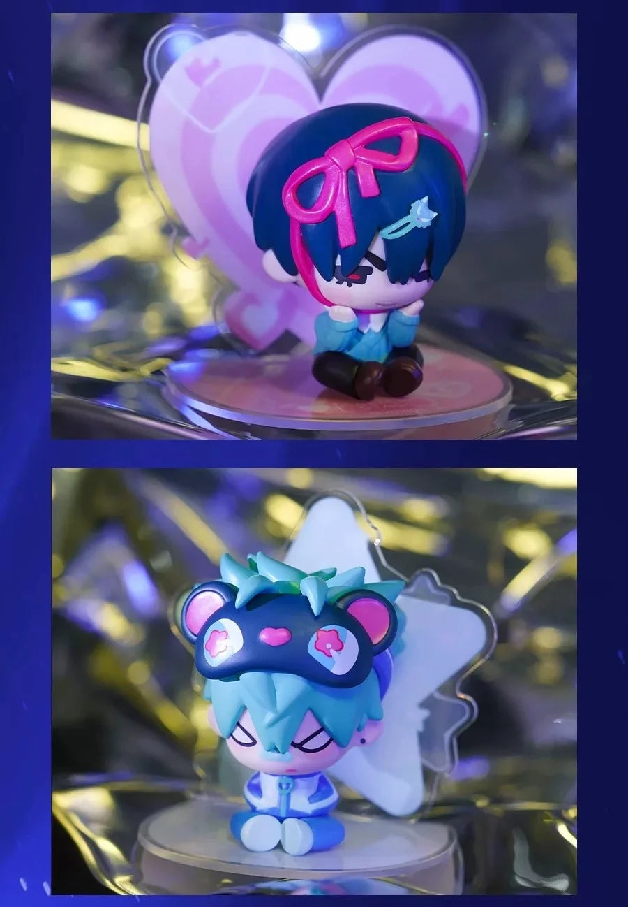 A mini figure collectible of a character with blue hair and purple accents, packaged in a heart-shaped clear display.