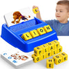A blue matching letter game set featuring yellow letter tiles and a lion graphic.