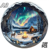 A jigsaw puzzle depicting a snowy forest landscape with mountains, a lake, and a wooden cabin under a night sky.
