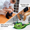 A person is shown using an indoor putting practice set with a mat, putter, and balls in a bathroom setting.