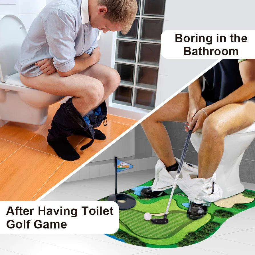 A person is shown using an indoor putting practice set with a mat, putter, and balls in a bathroom setting.