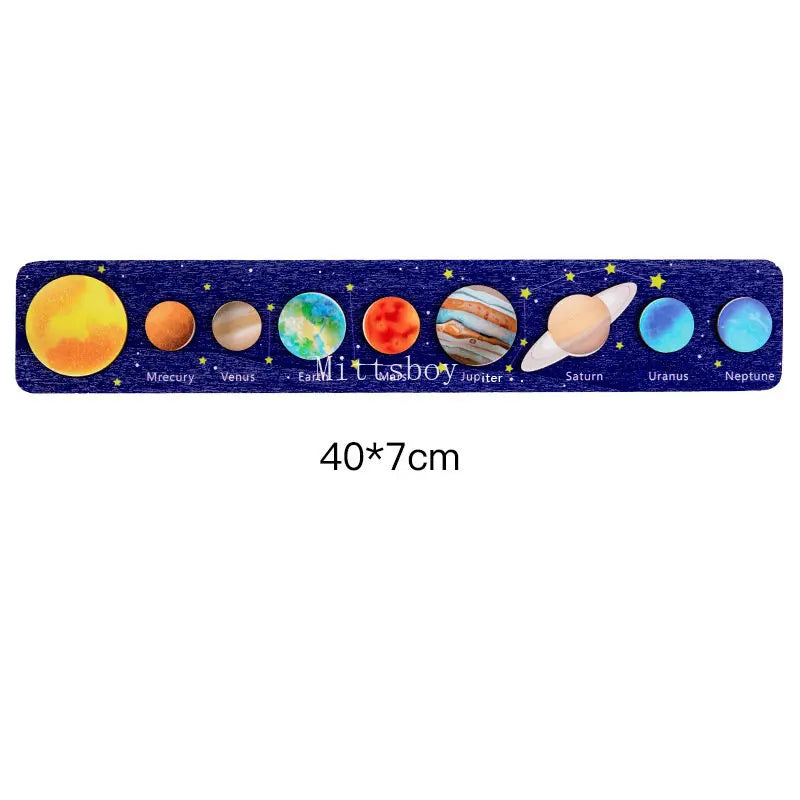 A wooden puzzle board showing the solar system planets including Mercury, Venus, Earth, Mars, Jupiter, Saturn, Uranus, and Ne