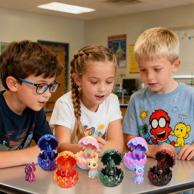 A collection of six colorful 3D dragon egg surprise figurines displayed on a table.