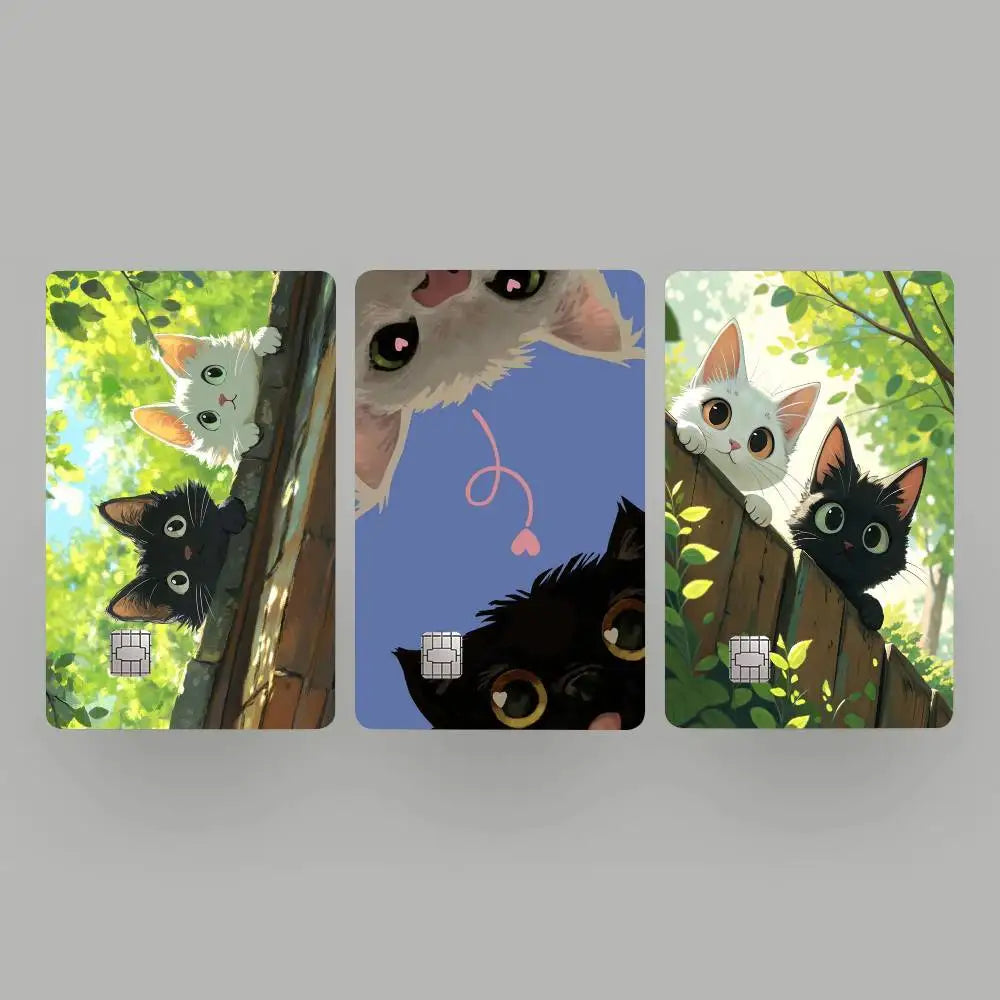 A set of three watercolor illustrations featuring cute black and white cats in natural outdoor settings.