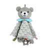 A gray plush baby bear security toy with a blue bow and a teething ring attached.