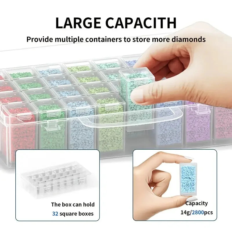 A hand is holding a clear plastic storage box filled with various colored beads for diamond painting, demonstrating its large