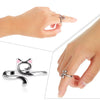 A hand is shown wearing an adjustable silver cat-ear ring on a finger.
