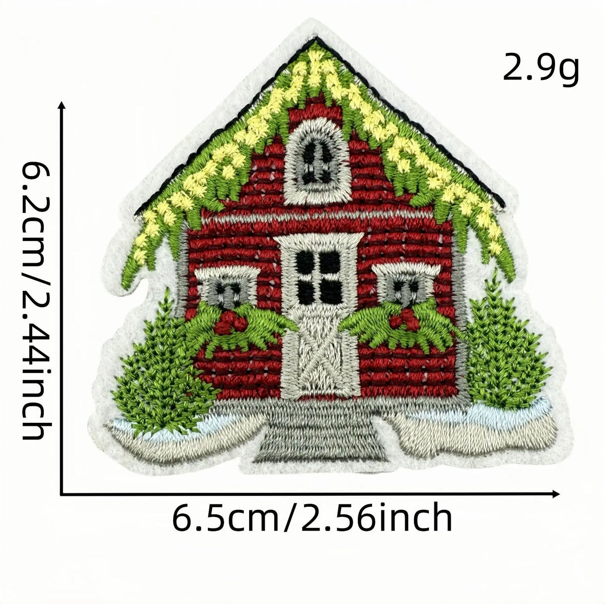 A red house patch featuring a white door, green foliage, and a pitched roof on a light gray background.
