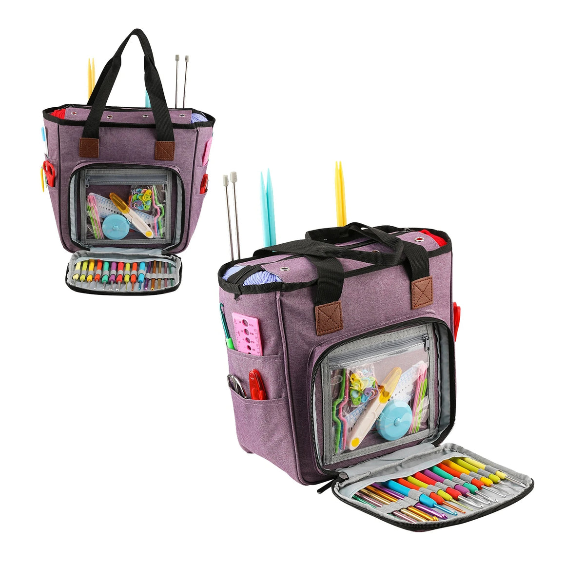 A purple canvas tote bag with an open compartment showing various knitting tools and yarn storage.