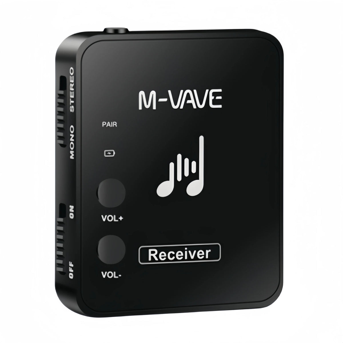 Black M-VAVE wireless in-ear monitor receiver device with controls and a logo