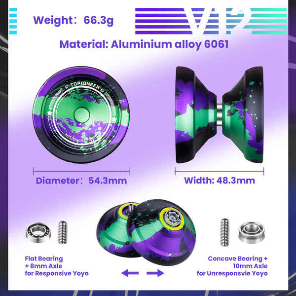A professional aluminum yoyo featuring a flat bearing and a concave bearing for responsive and unresponsive tricks.