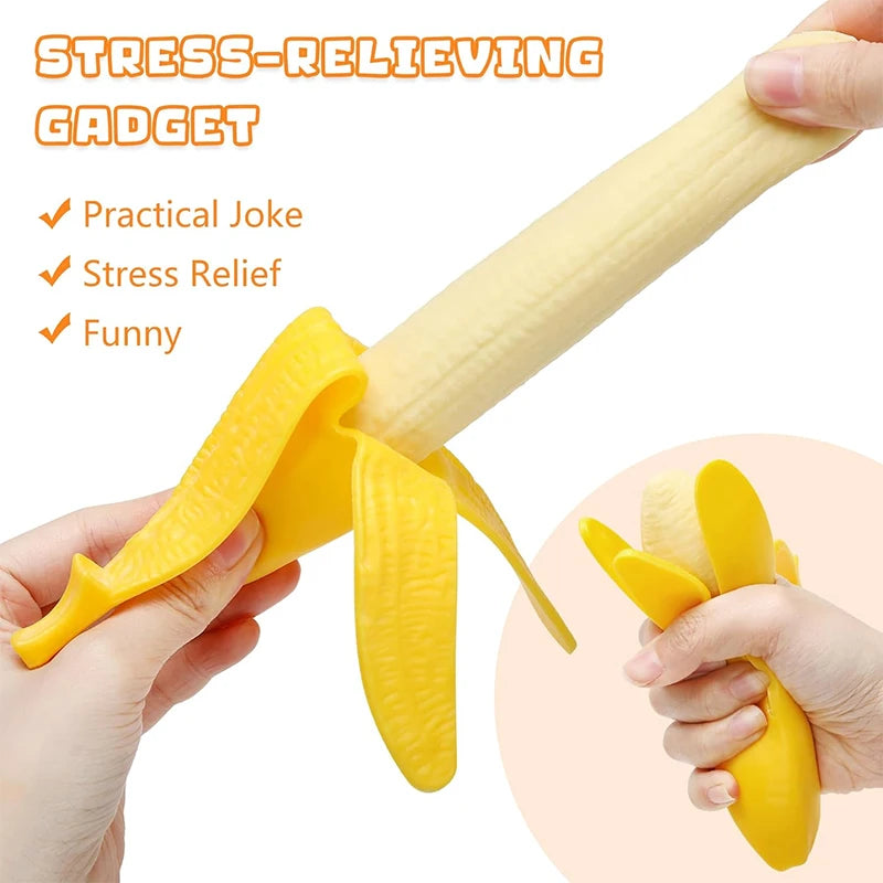 A hand is squeezing a yellow stretchy banana fidget toy for stress relief.