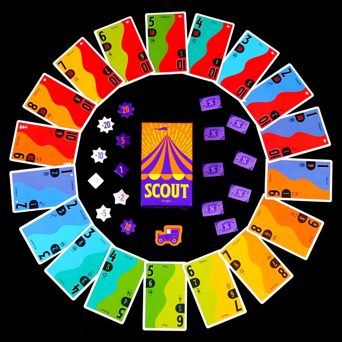 A circular arrangement of colorful cards featuring numbers and symbols for a Scout card game.