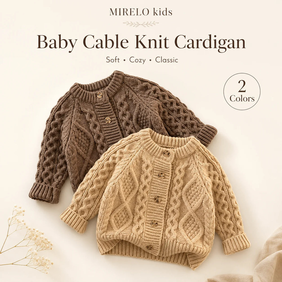 A close-up of a brown cable knit baby cardigan sweater displayed on a light background.