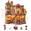 A detailed wooden 3D puzzle model kit of a coffee factory building with various elements and accessories.