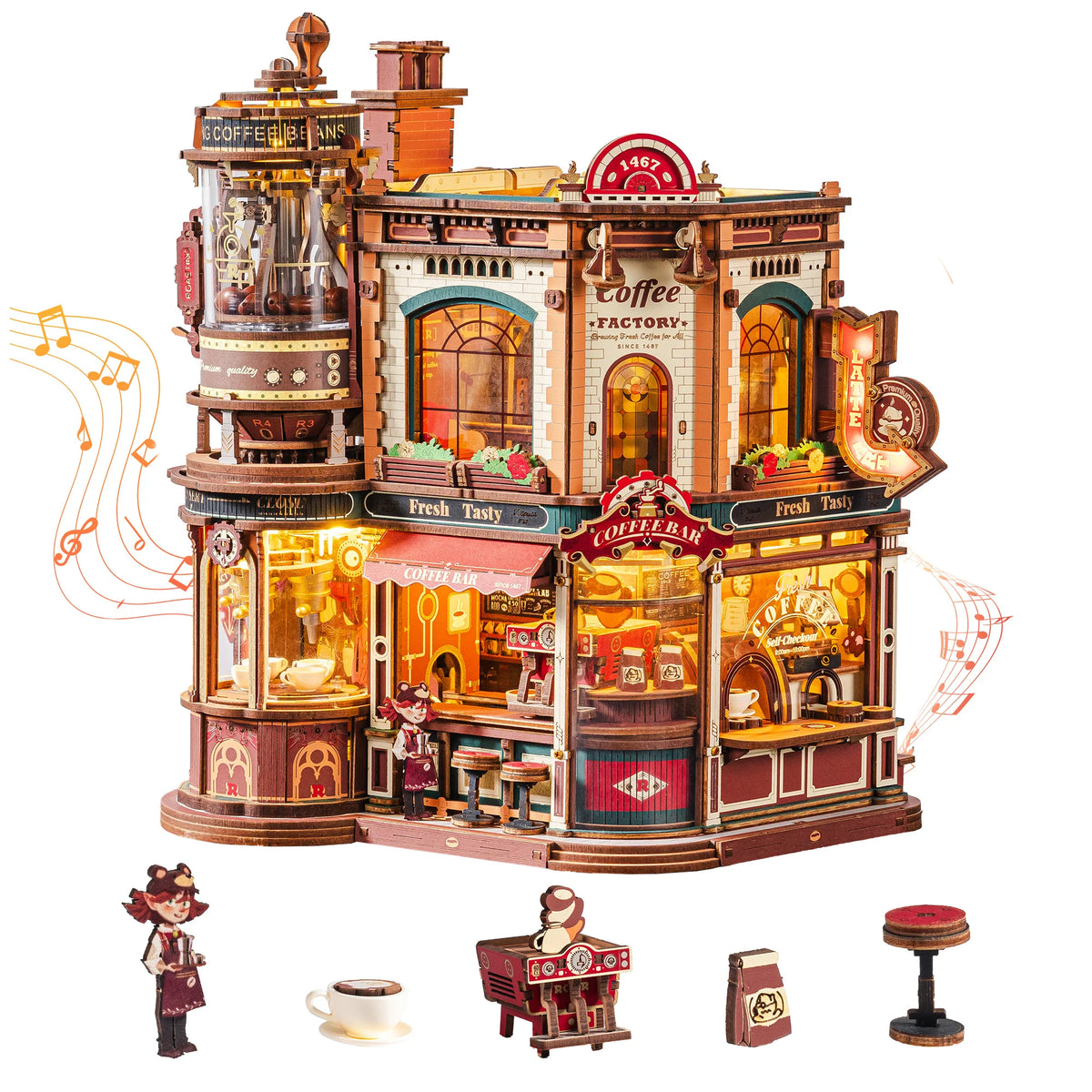 A detailed wooden 3D puzzle model kit of a coffee factory building with various elements and accessories.