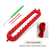Red 26cm long braider for knitting or piecing children's scarves, shown with a green hook.