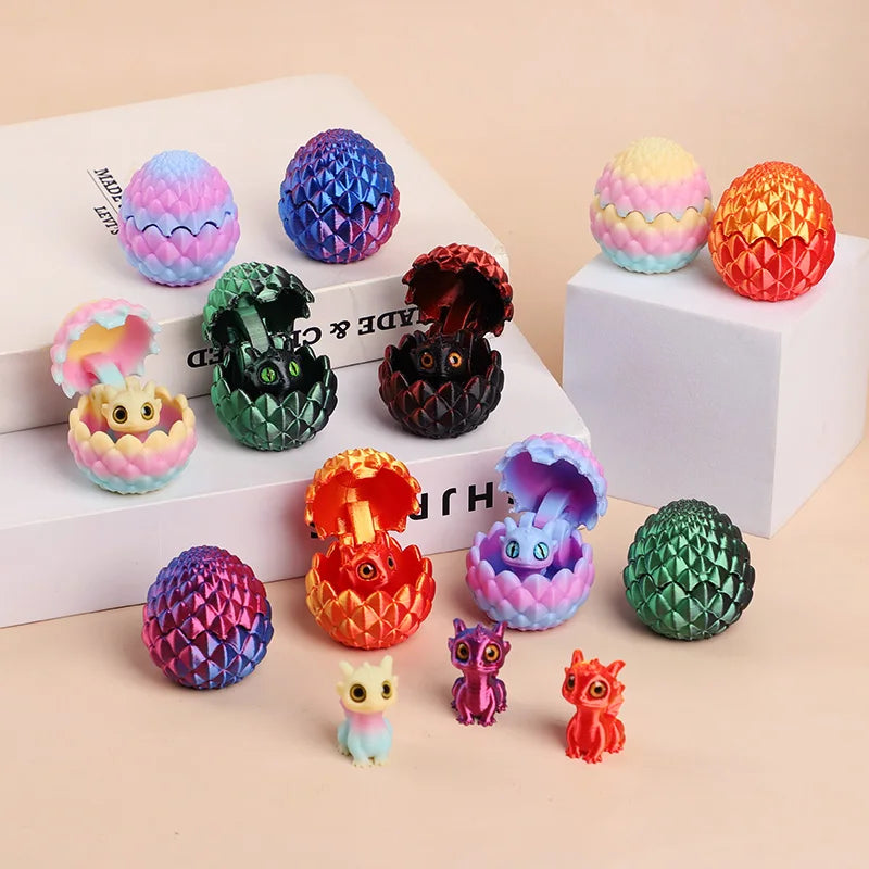 A set of six colorful, textured 3D dragon egg surprise figurines in various shades of pink, purple, green, and orange.