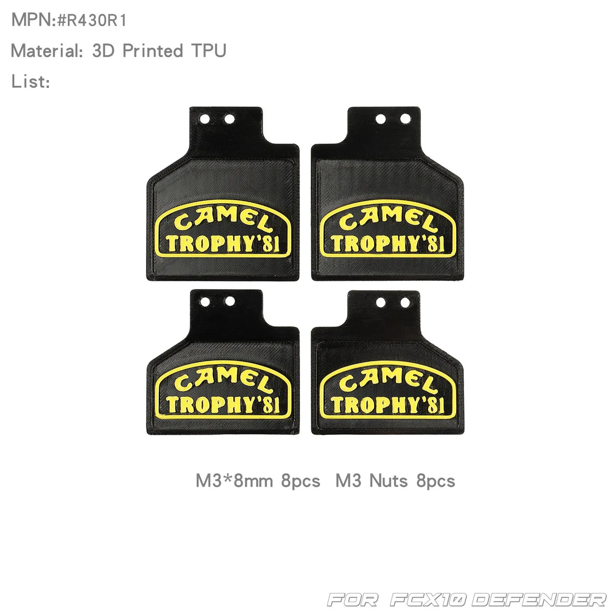 Set of black 3D printed TPU mud flaps and exhaust mufflers for an FCX10 Range Rover RC car.