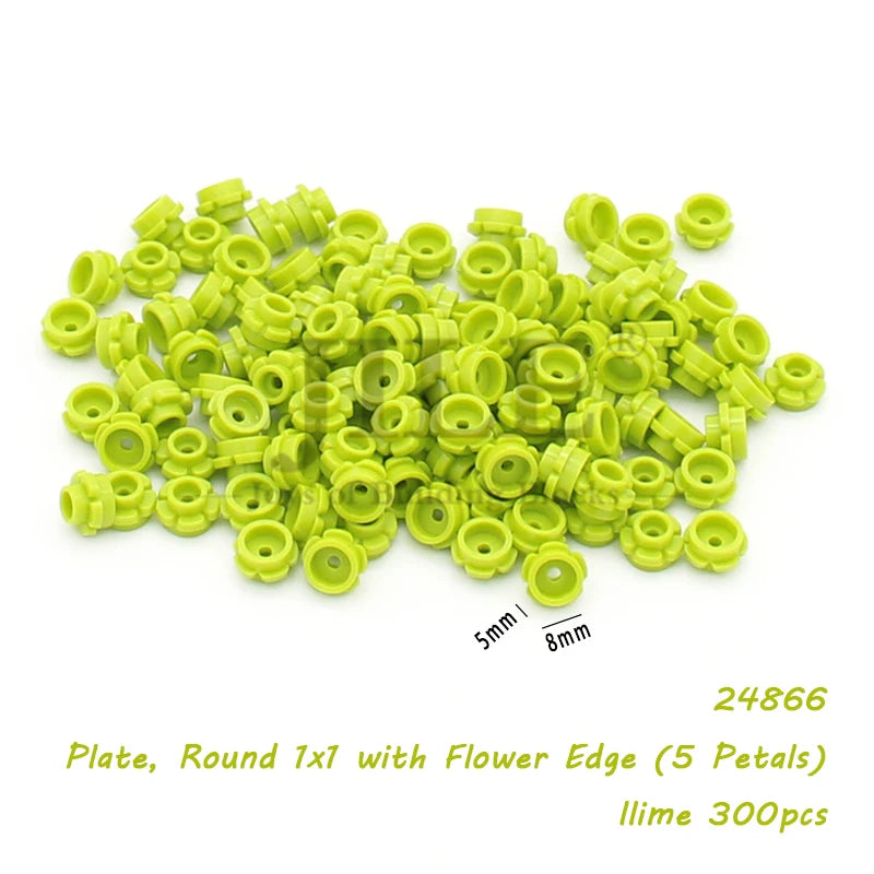 A pile of lime green round 1x1 building blocks with a flower edge.