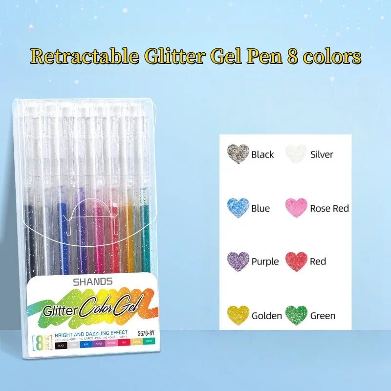 A set of 8 retractable glitter gel pens in various colors including black, silver, blue, rose red, purple, red, golden, and g