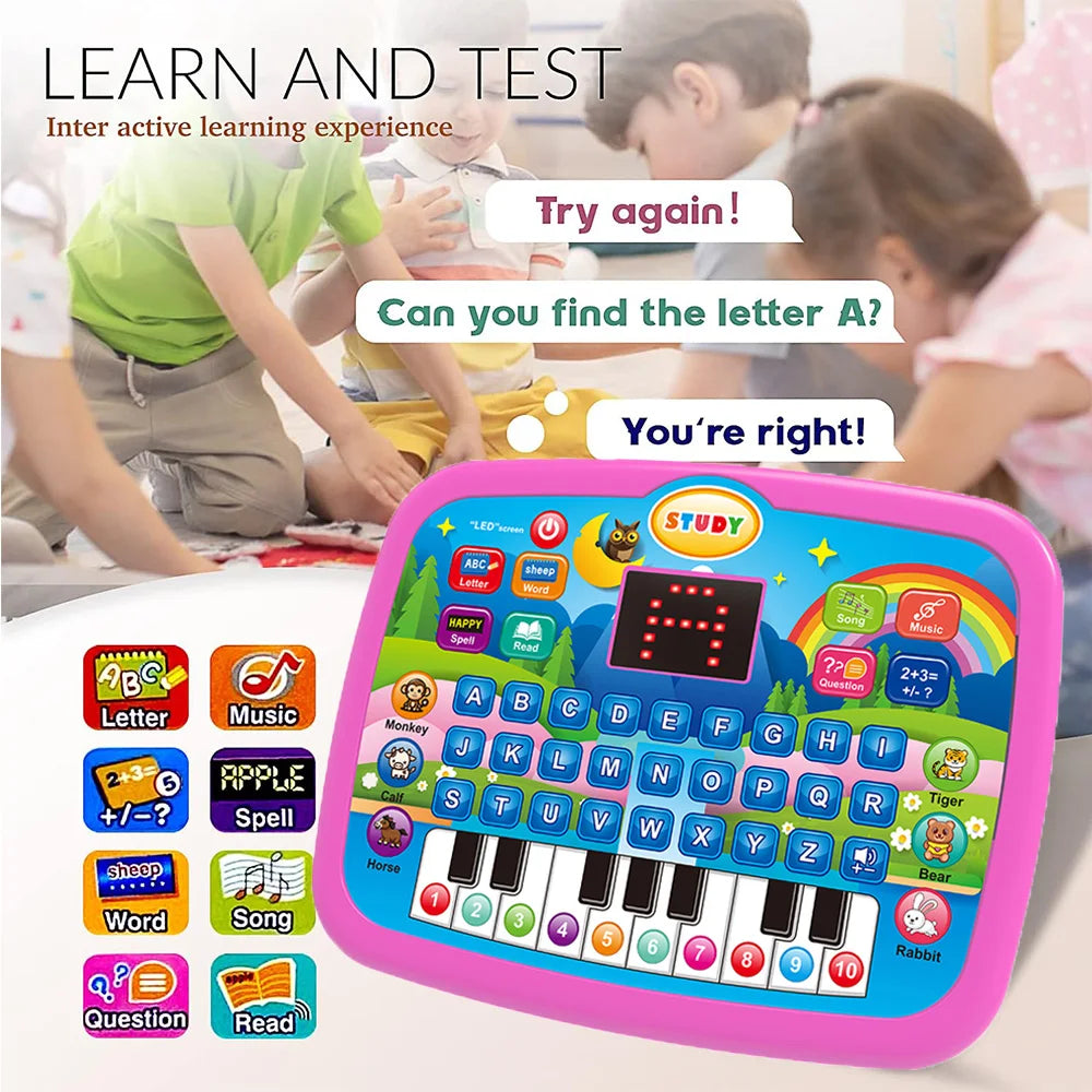 Une tablette éducative interactive rose avec des clés, des notes de musique et des lettres est utilisée par des enfants.
