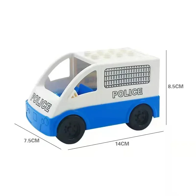 A white and blue city traffic vehicle building blocks set with trucks and buses.