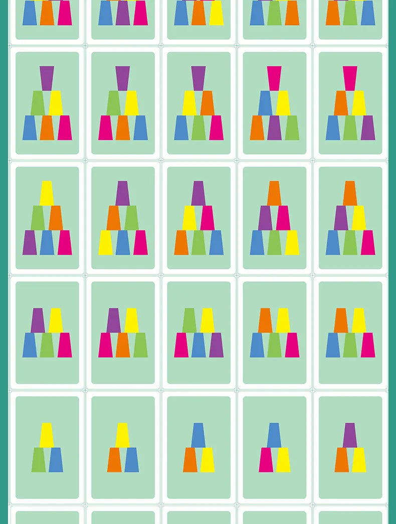 A grid of colorful stacking cups in various arrangements for a logic and color recognition game.