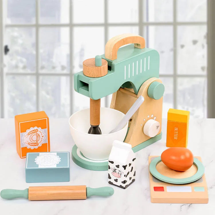 A wooden pretend play tea party set featuring a teapot, cups, and rolling pin on a white surface.