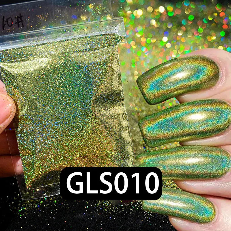 A hand holds a bottle of holographic rainbow nail glitter and several manicured nails coated with the iridescent finish.