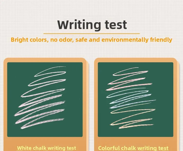 A writing test showing white chalk and colorful chalk on a green background.