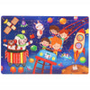 A 30-piece wooden jigsaw puzzle featuring various animals and vehicles, including a rabbit, monkeys, and rockets.