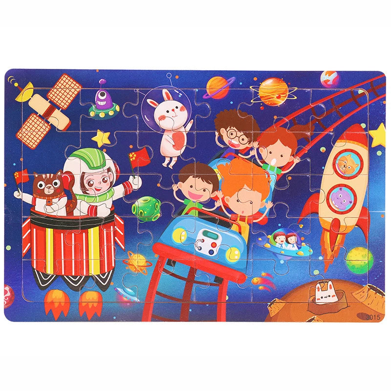 A 30-piece wooden jigsaw puzzle featuring various animals and vehicles, including a rabbit, monkeys, and rockets.