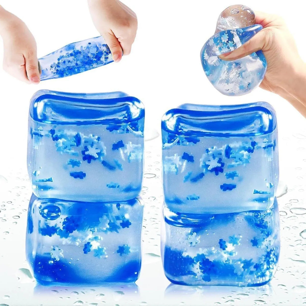 Hand holding a blue squishy stress cube for anxiety relief and sensory play