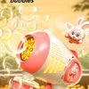 A pink automatic bubble gun is shown spraying bubbles, with a rabbit toy nearby.