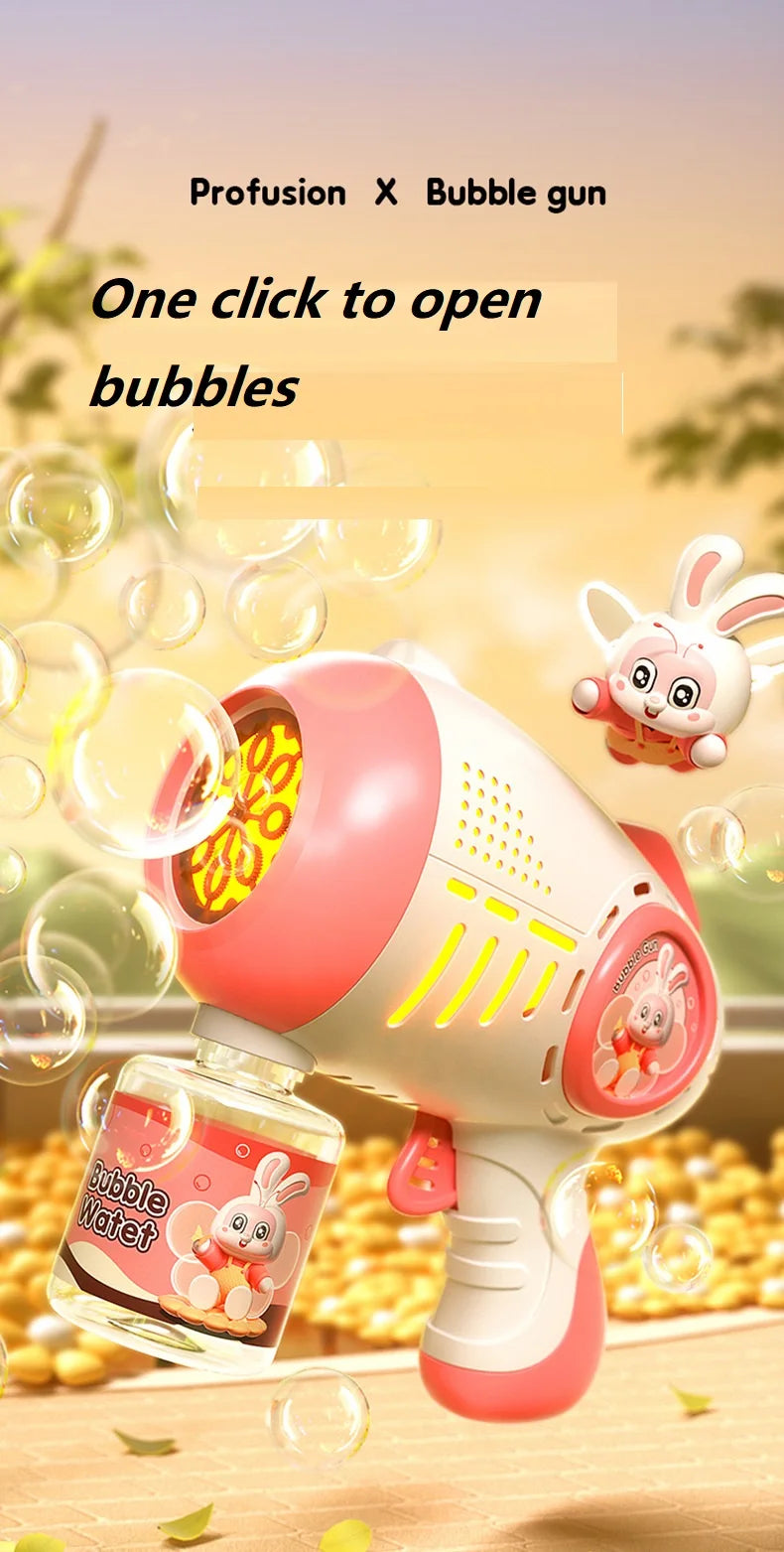 A pink automatic bubble gun is shown spraying bubbles, with a rabbit toy nearby.