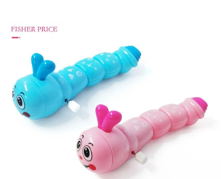 A pair of wind-up caterpillar crawling toys, one blue and one pink, showing the cute cartoon animal design.