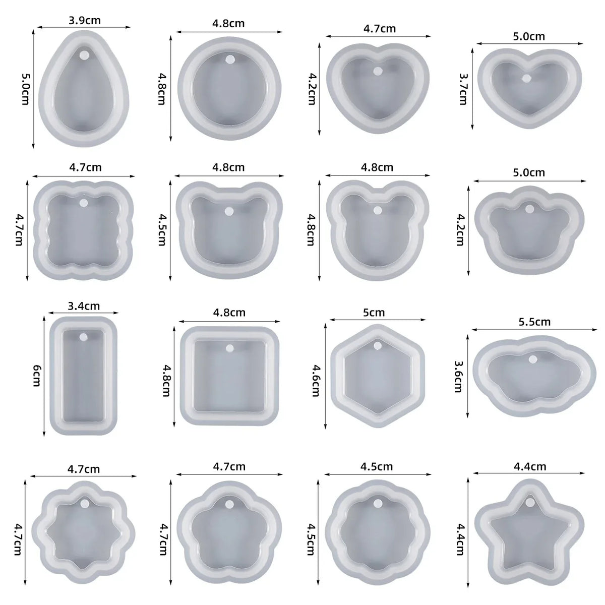 A collection of heart-shaped silicone molds for resin jewelry making in various sizes and shapes.