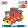 A red and gray Thomas & Friends diecast train model with a smiling face and yellow undercarriage.