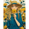 A young woman with long blonde hair wearing a blue dress is surrounded by yellow sunflowers and green foliage.