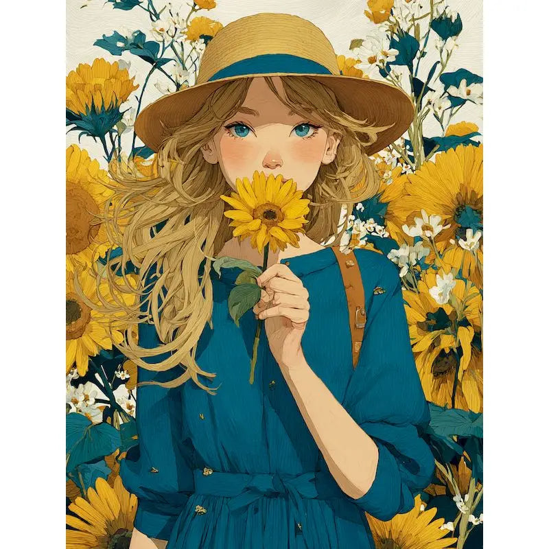 A young woman with long blonde hair wearing a blue dress is surrounded by yellow sunflowers and green foliage.