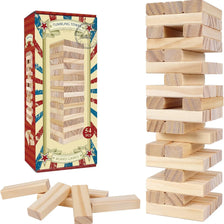 A box of the Classic Wooden Tumble Tower game showing stacking blocks and a set of wooden blocks.