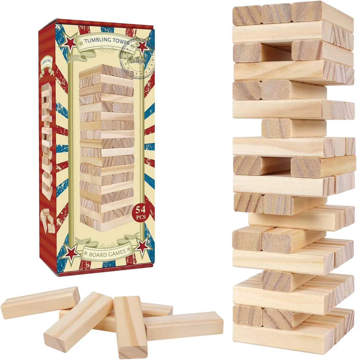 A box of the Classic Wooden Tumble Tower game showing stacking blocks and a set of wooden blocks.