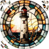 A jigsaw puzzle depicting a coastal lighthouse scene with a lighthouse against a sunset background.
